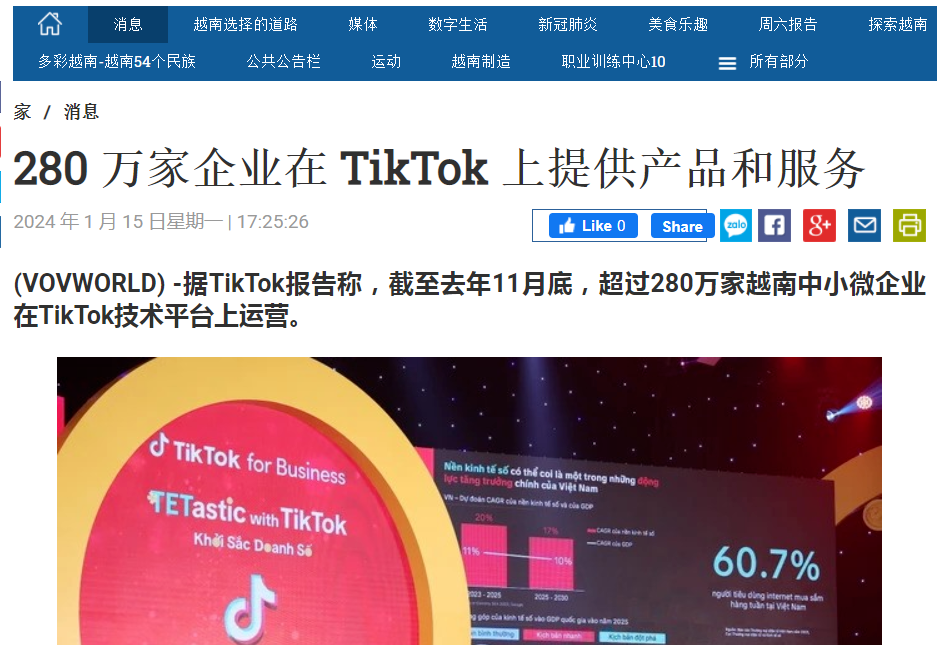 TikTok Shop在越南市场火爆，半年营收13亿美元
